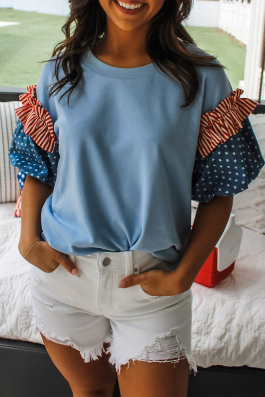 Stars Stripes Short Puff Sleeve Top